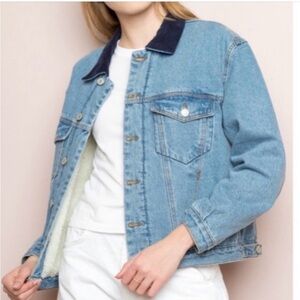 John Galt Shaine Light Blue Denim sherpa Jacket with Dark Blue corduroy Collar,
